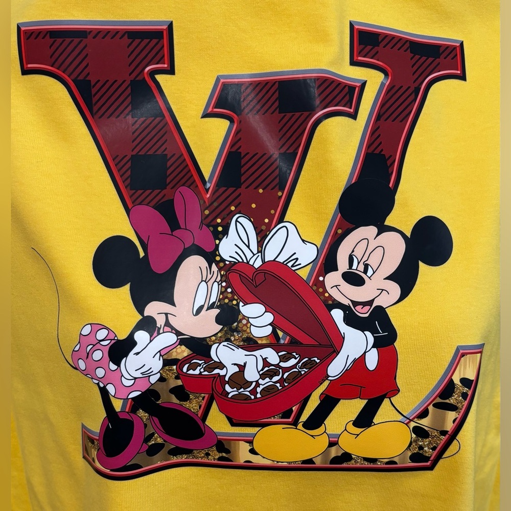 AFTER HOLIDAY VALENTINES NEW Yellow LV Graphic T-Shirt w/ Mickey and Minnie